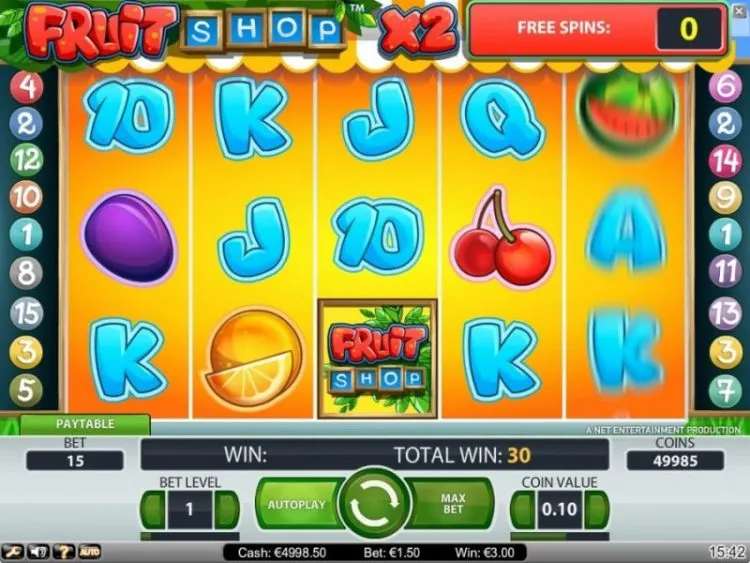 Screenshot NetEnt Fruit Shop Online Casino Slot Machine Freespins Free Spins Skjermbilde Norske Spilleautomater Spilleautomat