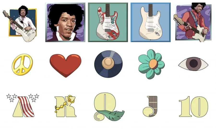 Jimi Hendrix NetEnt Slot Review Spilleautomat Omtale Symbols Collage Jimi Hendrix Guitar Gitar Freespins Bonus Online Casino