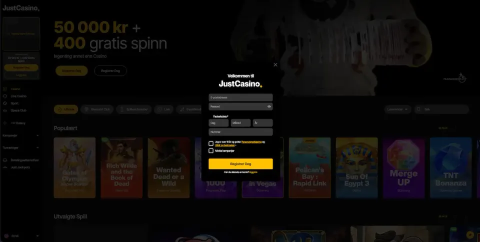 Justcasino registrering