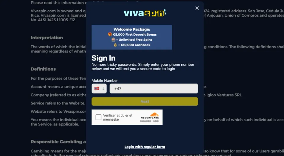 vivaspin casino norge registrering