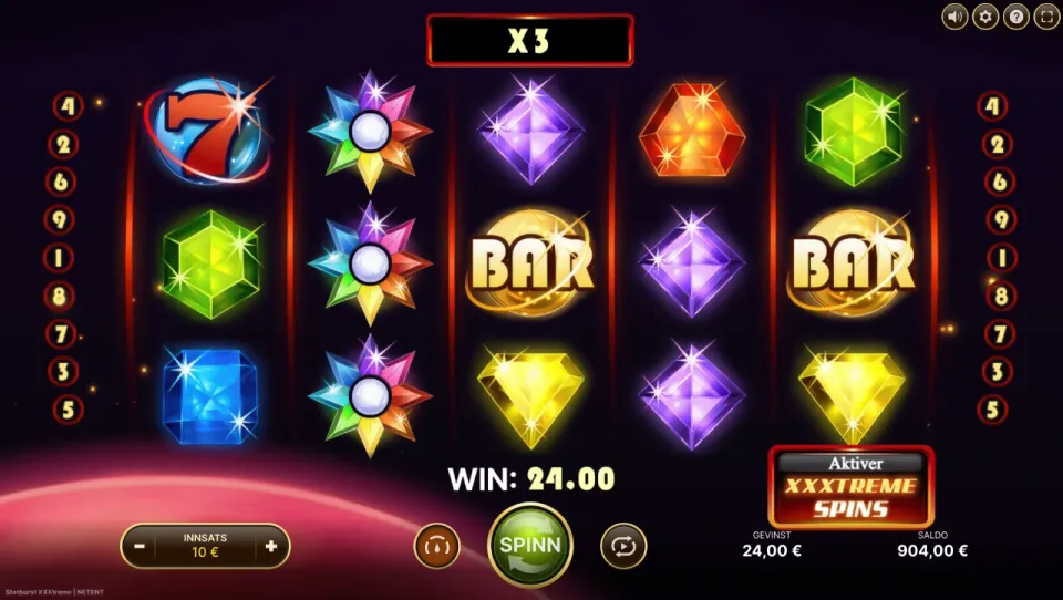 starburst xxxtreme spilleautomat oppsett